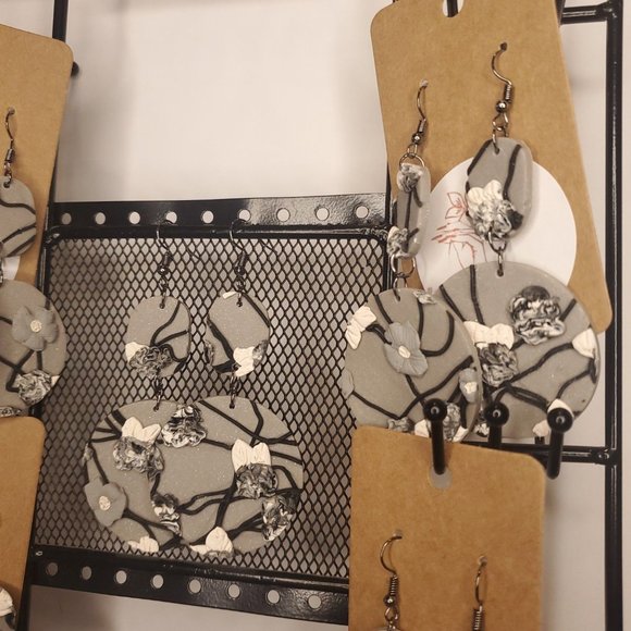 Handmade Womens Gray Black Rainy Day Flower Stack Circular Clay Dangle Earrings - Picture 3 of 10
